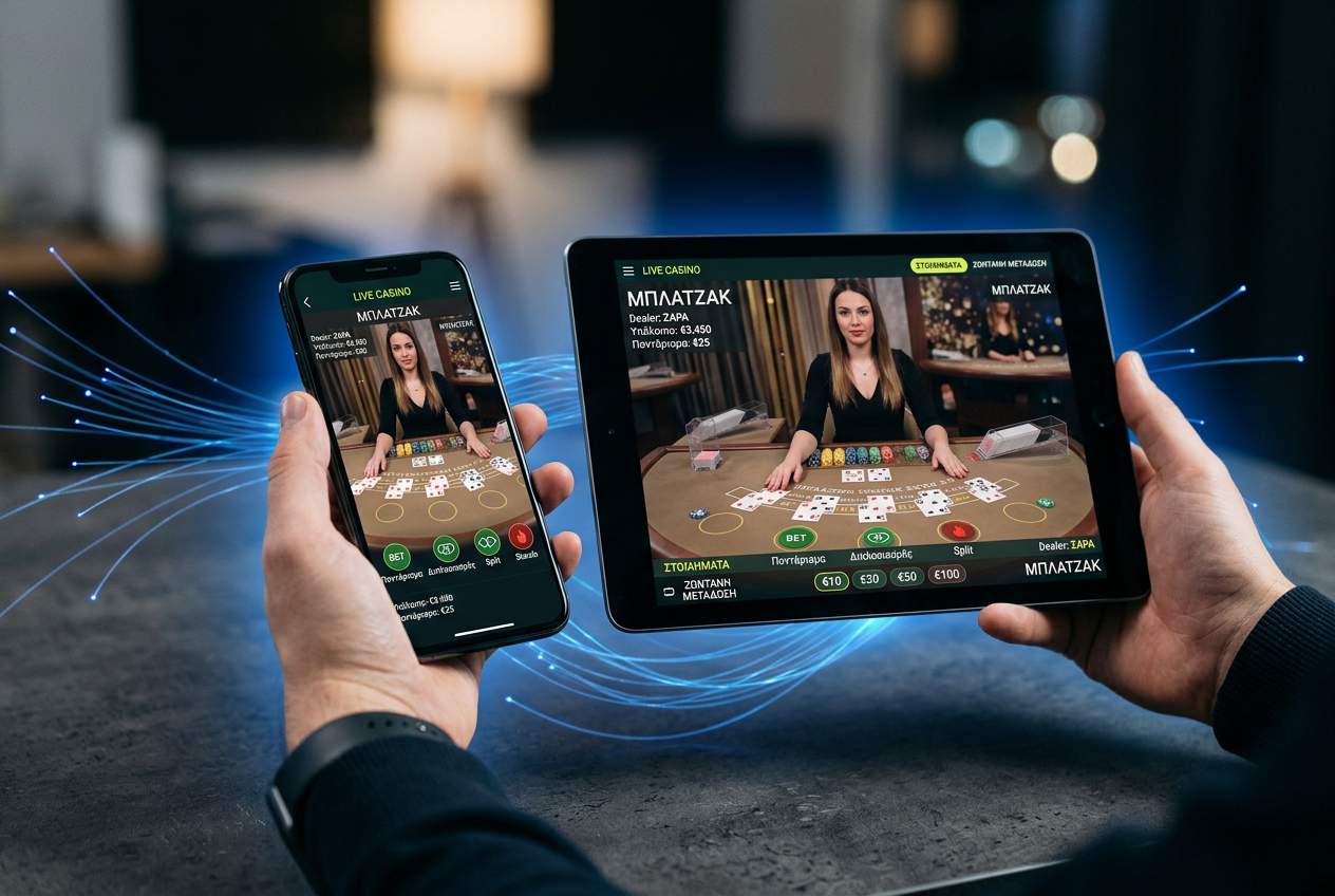 A close-up of a tablet displaying a high-speed live casino stream with interactive UI.
